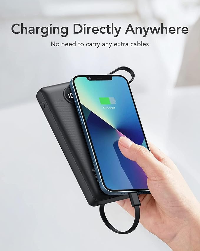 VRURC Portable Charger, Built-in 4 Cables Slim Power Bank 10000mAh, USB C Charging Bank with LED Display, Compact Travel Battery Pack with 5 Outputs for Multi Devices, Android-Black(1 Pack) - Image 7