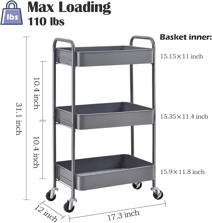 TOOLF 3 Tier Metal Rolling Cart, Utility Storage Cart with Wheels, Grey | Screwless Assembly, Lockable Metal Wheels, Trolley Organizer for Bathroom, Kitchen, Office, Dorm, Laundry, Craft Room - Image 2