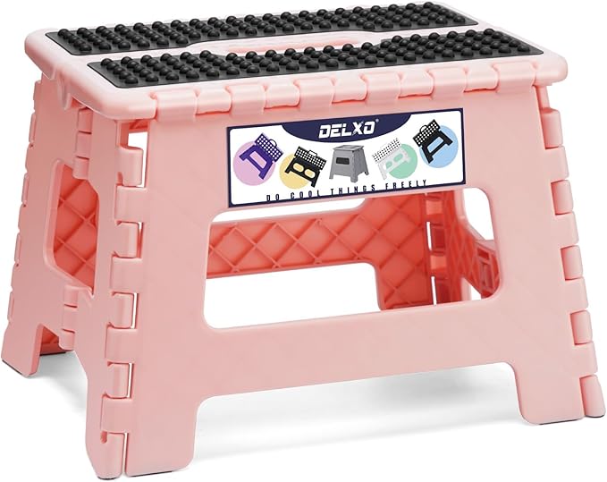 Delxo 9 Inch Kids Step Stool,300 Lbs Folding Step Stool for Toddler Pink | Foldable Step Stool,Non-Slip Foot Stools with Handle, Lightweight Collapsible Stool for Kitchen,Bathroom,Bedroom,Garden by Delxo