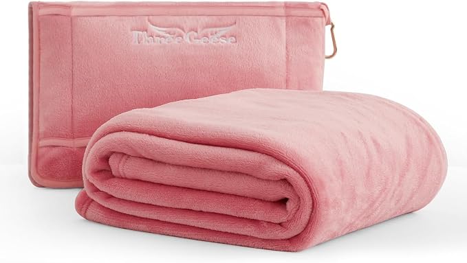Three Geese Travel Blanket & Pillow 2-in-1 – Ultra-Soft Fleece Airplane Blanket 65"x40", Compact Carry Case with Luggage Sleeve & Backpack Clip, Lightweight Travel Essentials for Flight, Camping, Car - Image 2