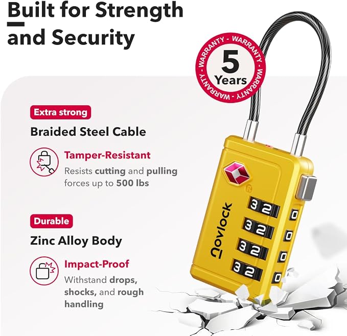 TSA Approved Luggage Locks, Travel Locks with Inspection Indicator | TSA008, Easy to Read Dials, 4 Digit Combination, Flexible Steel Cable, for Suitcases, Backpacks, Bags, 2-Pack, Yellow - Image 4