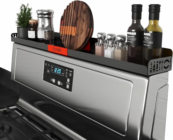 STUTOV 30" Magnetic Stove Top Shelf – Black Spice Rack with Red Logo and Seasoning Organizer – Kitchen Shelf for Back of Stove – Over Stove Rack and Storage Organizer by STUTOV