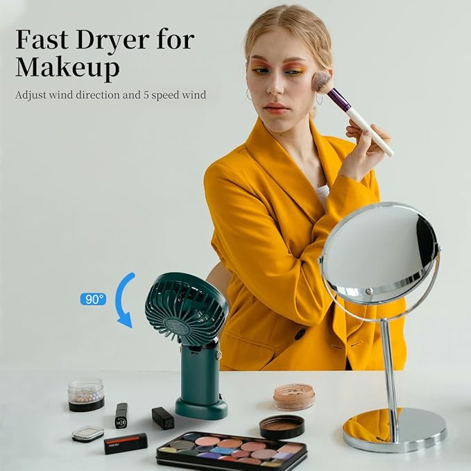 2 PCS Portable Handheld Fan, 12 hours Upgrade 3200mAh Mini Fan with Stand, 90° Foldable, 5 Speed Wind,Hand Held/Neck/Desk 3 in 1 Personal Small Fans, Makeup Fans for Women (Purple, Green) - Image 3