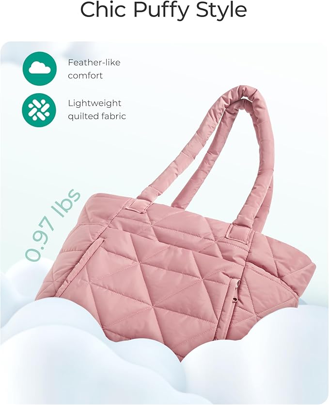 BAGSMART Tote Bag for Women, Puffer Tote Bag with Zipper, Large Quilted Shoulder Bag with Compartments for Travel, Work, Gym - Image 6