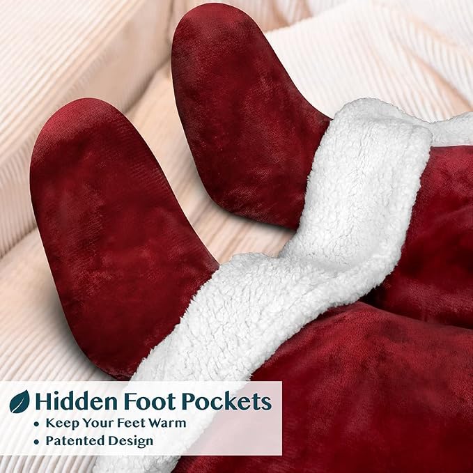 PAVILIA Sherpa Blanket with Sleeves, Foot Pocket for Women Men Adults, Thick Wearable Blanket Throw Wrap, Fleece Warm Snuggle Blanket Robe, Cozy Gift Ideas Wife Mom, Dark Red - Image 2