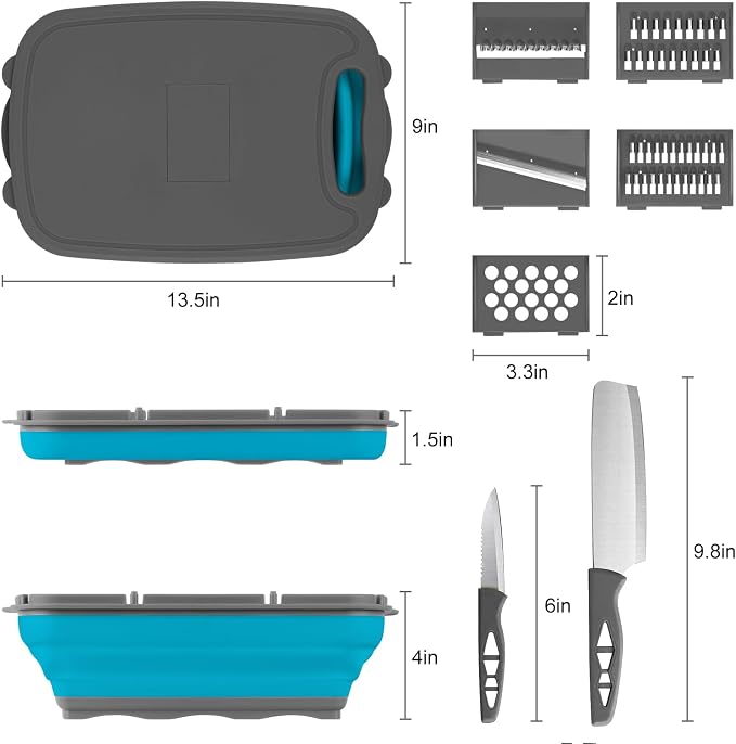 Gintan Collapsible Camping Cutting Board, 9-in-1 Chopping Board with Colander, Kitchen Vegetable Washing Basket for Camping, Camping Gifts Camping Accessories for RV Campers (Blue+Grey) - Image 7