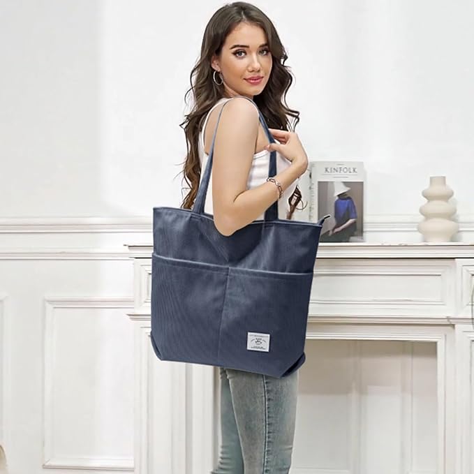 KALIDI Women Corduroy Tote Bag Zipper Casual Tote's Handbag Big Capacity Shoulder Bag with Pockets - Image 8