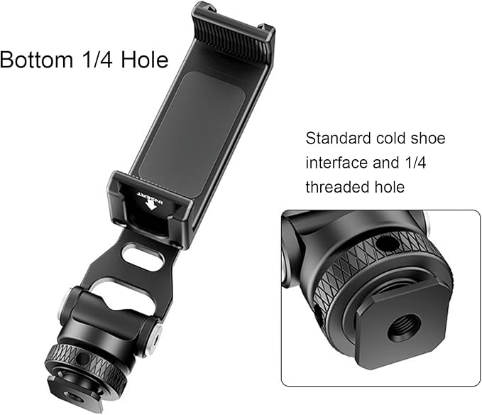 Asixxsix Phone Tripod Mount, 360 Rotation Hot Shoe Phone Mount with 2 Cold Shoe, 1/4In Screw Interface Smartphone Adapter Aluminum Alloy for Vlogging Rig, Photography - Image 7