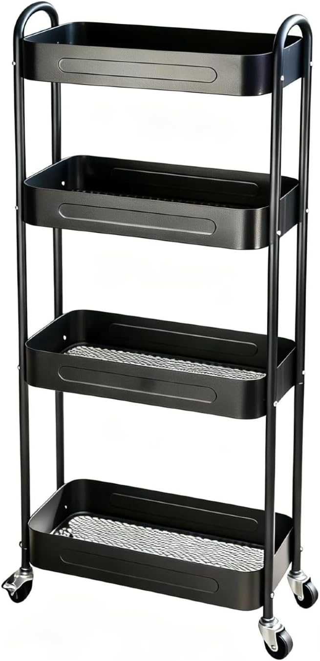 4 Tier Slim Storage Cart with Wheels for Laundry Room Between Washer and Dryer, 7.1'' Narrow Rolling Cart with Wheels and Lockable Casters, Metal Thin Standing Shelf for Small Space, Black by LIWNYRK