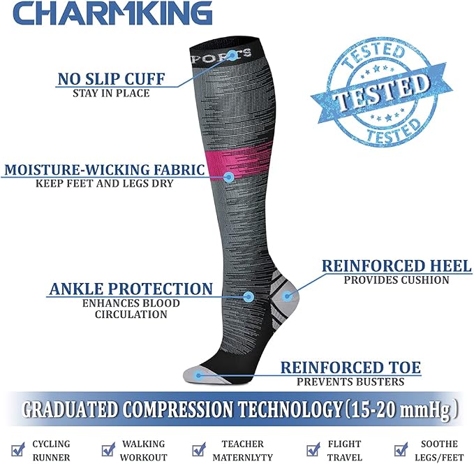 CHARMKING Compression Socks for Women & Men Circulation (8 Pairs) 15-20 mmHg Best Calf Socks Support for Athletic Cycling - Image 4