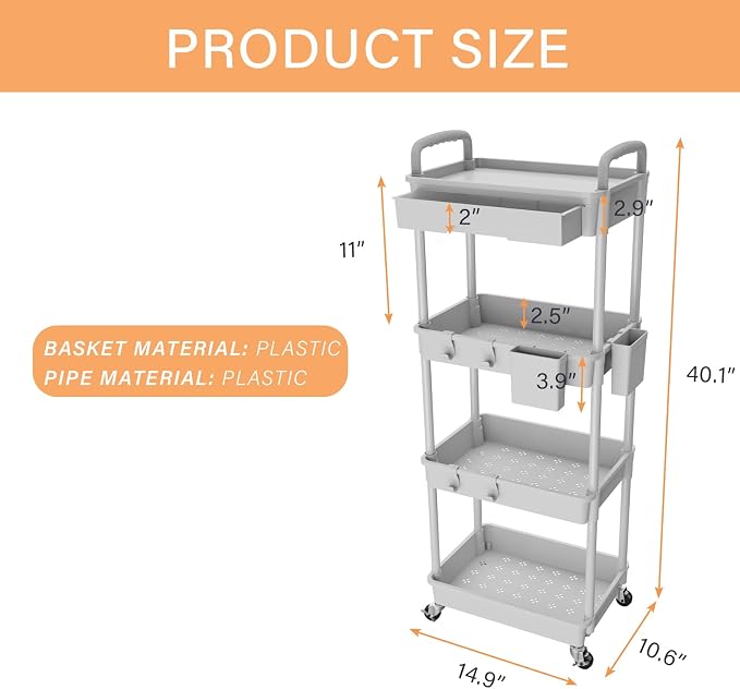 4 Tier Rolling Utility Cart with Drawer,REBECAT Utility Cart Made of Multifunctional Storage Organizer Tool for Kitchen,Bathroom,Living Room,Office(Gray) - Image 5