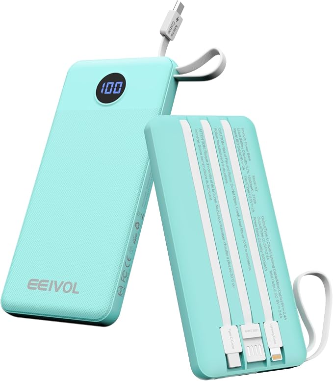 Portable Charger with Built in Cables, 10000mAh Power Bank, Battery Pack | 1 Pack, Slim, Travel Essentials, 4 Output 2 Input, for iPhone 17/16/15/14/13,Samsung, Android, etc-Green by EEIVOL