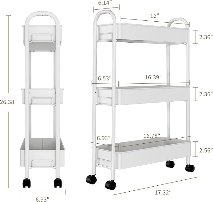 Slim Rolling Cart, Metal Frame Utility Rolling 3-Tier Narrow Storage Cart | Kitchen Storage Organizer, Mobile Shelving Unit for Bathroom Kitchen - Image 2