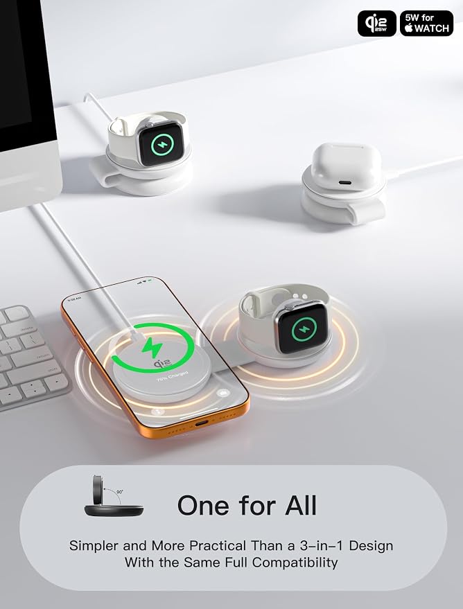 2 in 1 Magnetic Wireless Charger, Qi2 25W Fast Charging Travel Station Pad Compatible with MagSafe for iPhone Air/17/16/15/14/13/12, 5W for Apple Watch, AirPods 4/3/2/Pro with 30W Adapter(White) - Image 5