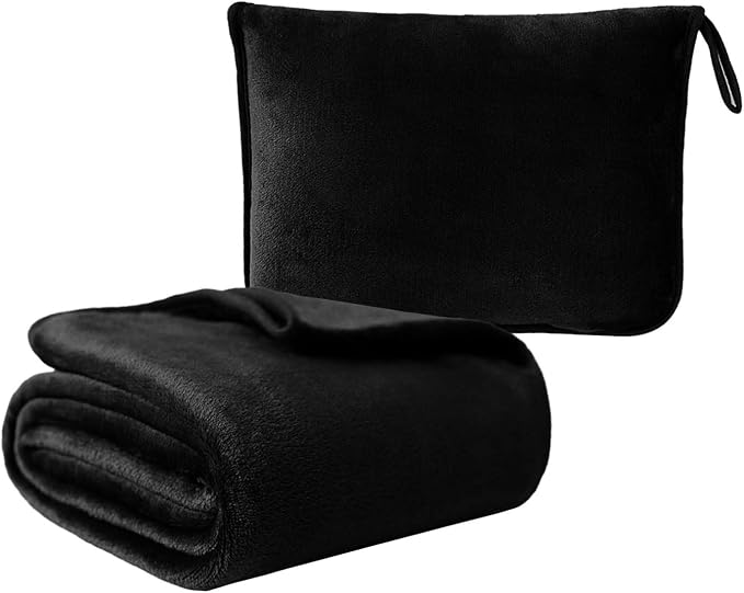 Travel Blanket Pillow, Soft Airplane Blanket 2-in-1, Travel Blanket Airplane Compact with Bag, Travel Essentials Accessories for Plane and Car,60x40 Black by Seabeauty