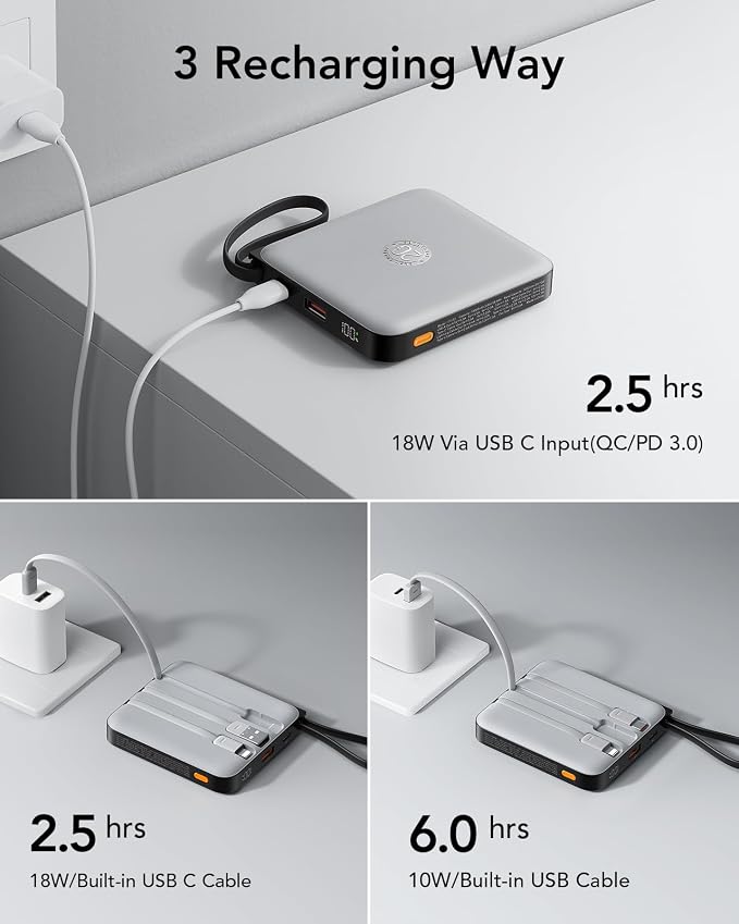 VRURC Portable Charger with Built-in Cables, 10000mAh 22.5W Fast Charging | Compact Battery Pack with LED Display, Cell Phone Power Bank for iPhone 17/16/15 Series , Samsung Galaxy & USB-C Devices,Grey - Image 5