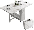 Folding Dining Table with Storage, Kitchen Table for Small Spaces | Foldable, Drop Leaf, Movable, 4 Wheels, Space Saving, Extendable, Marble Texture Top, for Apartment Kitchen Living Room White by Funrolux