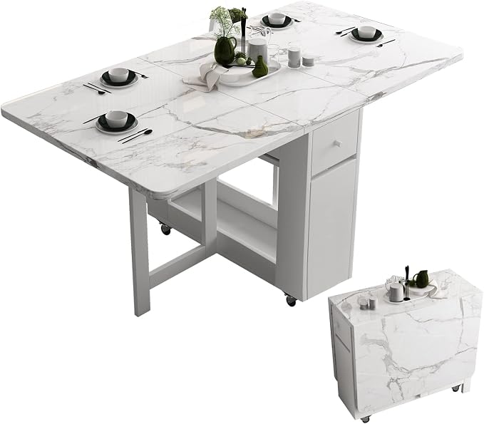 Folding Dining Table with Storage, Kitchen Table for Small Spaces | Foldable, Drop Leaf, Movable, 4 Wheels, Space Saving, Extendable, Marble Texture Top, for Apartment Kitchen Living Room White by Funrolux