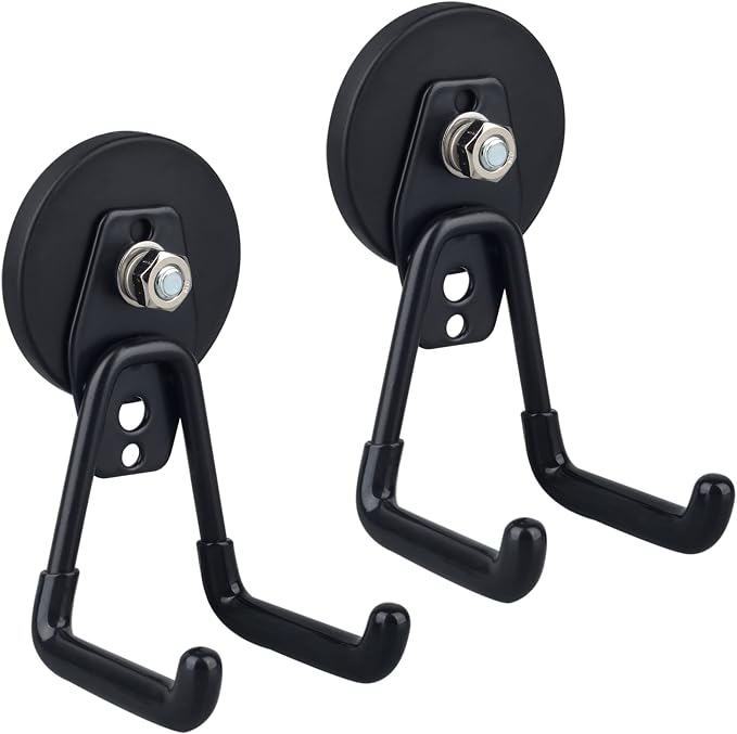ULIBERMAGNET Large Magnetic Hooks,Strong Heavy Duty Magnet Hooks for Power Drill,Broom,Garden Tools,Pegboard,Garage,Workshop,Hardware, 2 Pack Magnet Storage Holder for Indoor Outdoor Hanging(Black) by ULIBERMAGNET