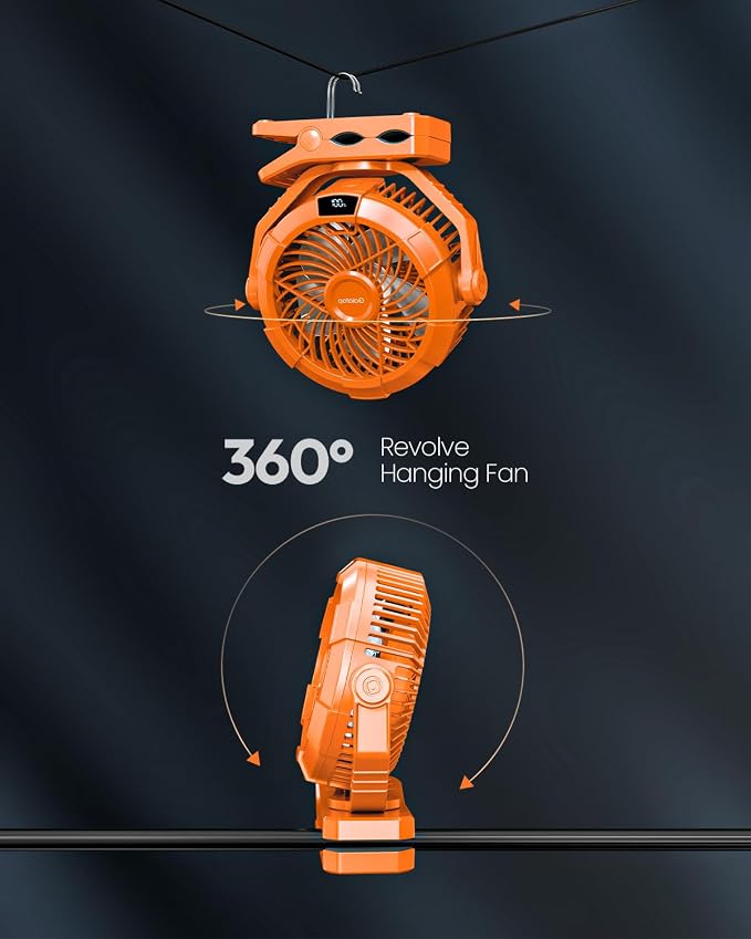 Gaiatop Portable Camping Fan with LED Lantern, Clip on Fan for Tent | USB Rechargeable Battery Powered, 360° Adjustable Tilt, LED Digital Display, Up to 14H Runtime, Outdoor & RV Use - Image 6