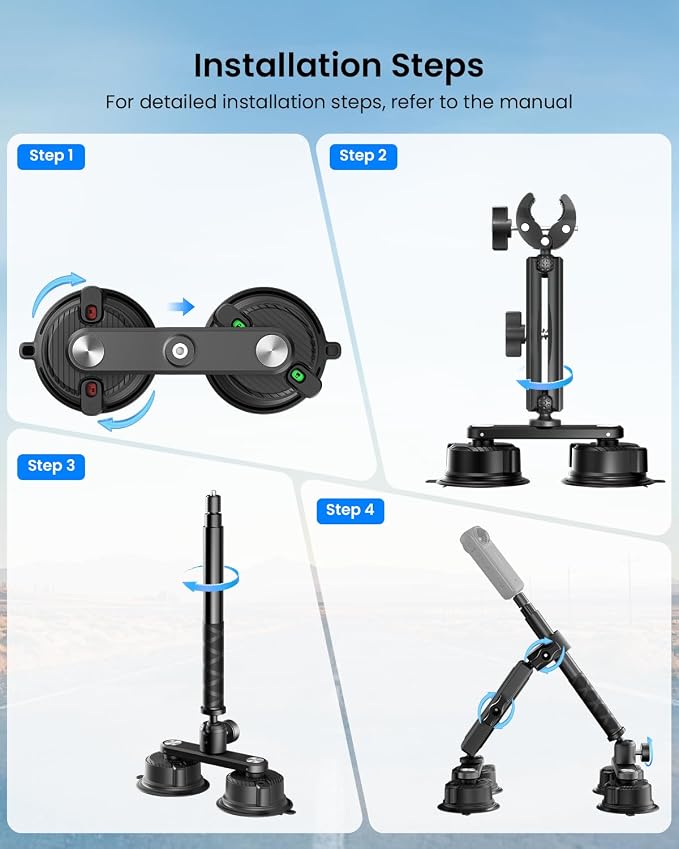 4 Suction Cup Car Mount Kit for Insta360 X5X4 Action Camera Mounts | Car tripod for insta360 X5 accessories, 360 camera mounts for gopro, suction mount for Osmo action 6/5,car racing travel vlog - Image 5