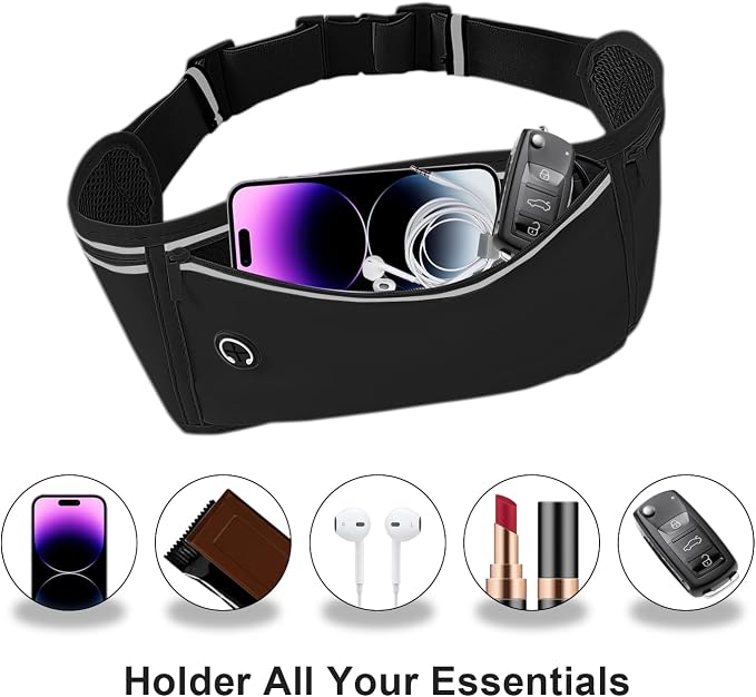 Slim Running Belt for Women Men,Runners Fanny Pack Phone Holder,Money Belt,Running Gear Accessories,with 3 Pockets(Black) - Image 2