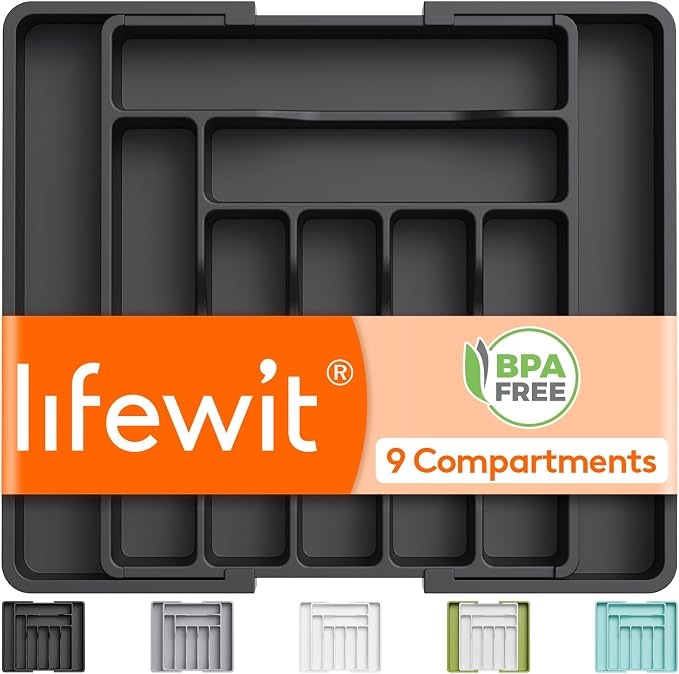 Lifewit Expandable Silverware Drawer Organizer, Kitchen Utensil Tray | BPA-free Plastic Flatware Cutlery Holder, Space-Saving Storage for Spoons Forks Knives, 13-22.4 x 15“, Black by Lifewit