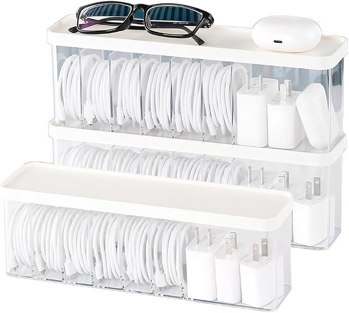 Charger Cable Cord Storage Organizer Box - Easy Storage Without Cable Ties | Stackable,with Lid,Dust-Proof,Space Saving,6 Standard Space and 1 Larger Space,for Home Office Desk Accessories Supplies by Nkocvew