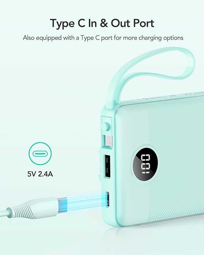 VRURC Power Bank with Built-in Cables,USB C Portable Charger for iPhone | 10000mAh Slim Charging Bank with Lanyard, Perfect for Travel, Work, School and Daily Carry-Green - Image 3