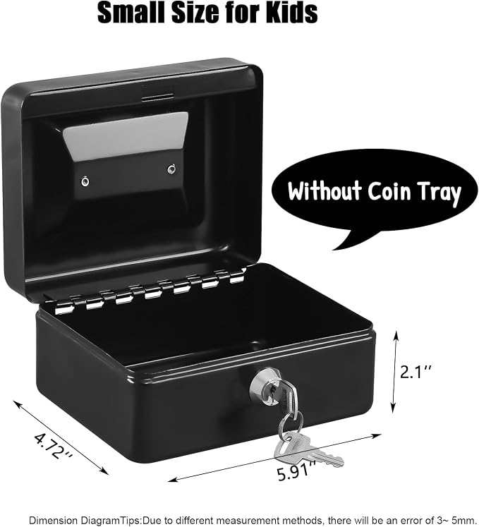 KYODOLED Small Cash Box, Key Lock Metal Storage Box with 2 Keys & Portable Handle, Safe Cash Drawer, 5.91"x 4.72"x 3.15", Black - Image 2