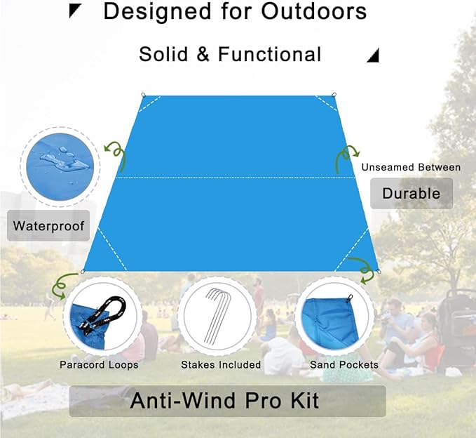 Pocket Blanket, Compact Blanket for Picnic, Beach, Festival | Sandproof, Waterproof, Stakes & Carabiner Included, Packable Lightweight Tarp for Camping, Hiking, Backpacking, Travel - Image 3