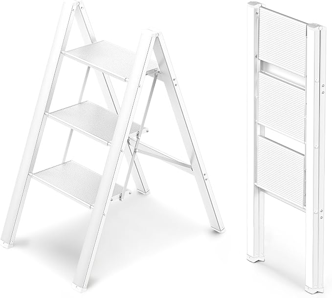 3 Step Ladder, Foldable Step Stool, 300lbs Load, White | Folded 35''H x 2''T; Net 8 lbs; Rigid Aluminum Steps; No Assembly; For Home, Kitchen, Office, Pantry, Closets, Cabinets by WOAWOAHOME