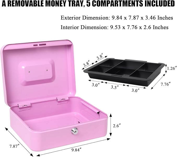 Jssmst Cash Box with Tray - Light Purple Money Box with Key Lock, Money Saving Box Lock Box, 9.84'' x 7.87'' x 2.6'', Light Purple - Image 2