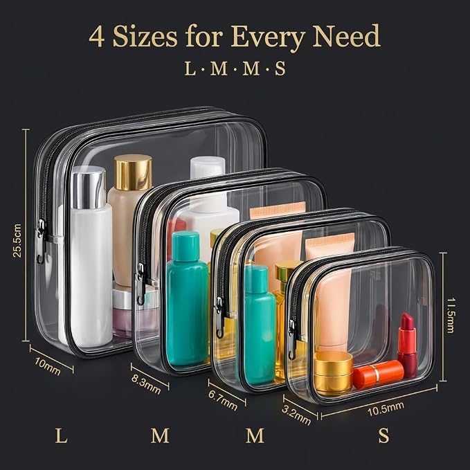 Clear Makeup Bag 4 Pack, TSA Approved Toiletry Bag for Women, Waterproof PVC Cosmetic Pouch Travel Organizer, Clear Bags for Diaper Bag Organizer Purse, Portable Zipper Pouch Set (L+M+M+S) - Image 4