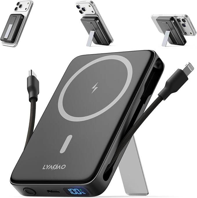 No More Forget Cables! 10000mAh Ultra Slim Magnetic Power Bank, Built-in USB-C & iPhone Cable, 20W Portable Charger with Foldable Stand, for iPhone 17/16/15/14/13/12 Series by Unknown