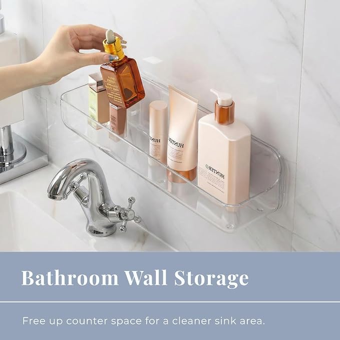 Long Adhesive Wall Organizer Shelf, No-Drill, Clear | BPA-Free PET, Built-In Drain Holes, Detachable, Extended Storage for Shampoo Bottles, Body Wash, Spice Jars - Image 3