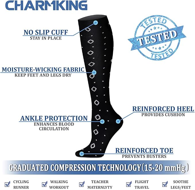 CHARMKING Compression Socks for Women & Men Circulation (8 Pairs) 15-20 mmHg Best Calf Socks Support for Athletic Cycling - Image 4