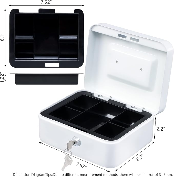 KYODOLED Medium Cash Box with Money Tray,Small Safe Lock Box with Key,Cash Drawer,7.87"x 6.30"x 3.54" White Medium - Image 5
