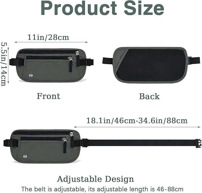 FuninCrea Waterproof Hidden Money Belt for Travel, Anti-Theft Belt Bag with RFID Blocking Function Adjustable Slim Waist Bag with 2 Zipper Pockets & 1 Back Pocket for Travel Running (B, Deep Grey) - Image 2