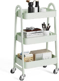 OLIXIS Metal 3 Tiers Rolling Storage Utility Cart with Lockable Wheels | Mobile Organizer Shelf, Space-Saving, Freestanding, Bathroom, Living Room, Slim, Narrow Corner Spaces, Pale Green by OLIXIS