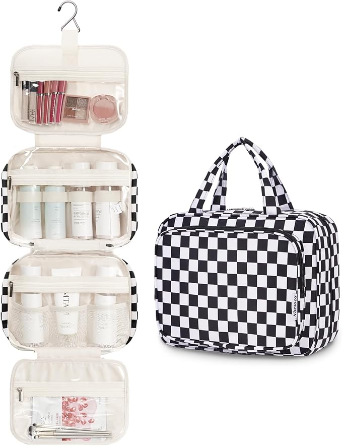 Narwey Hanging Toiletry Bag for Women Travel Makeup Bag Organizer Toiletries Bag for Travel Size Essentials Accessories Cosmetics (Black Checkerboard (Medium)) - Image 2