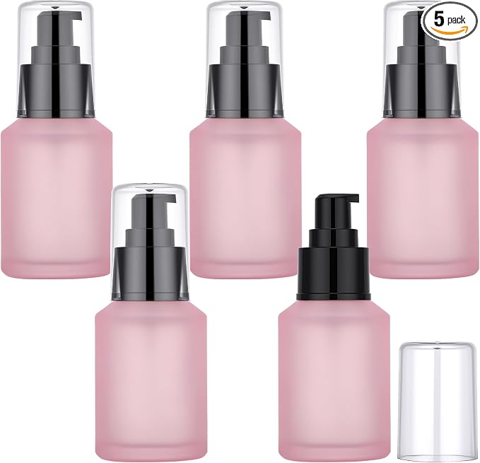 Segbeauty 2oz Frosted Glass Refillable Pump Bottles for Toiletries, 5pcs Travel Size Empty Bottles with Pumps for Cosmetics, 60ml Pink Travel Containers for Oils Bottle Dispenser Liquid Containers by Segbeauty