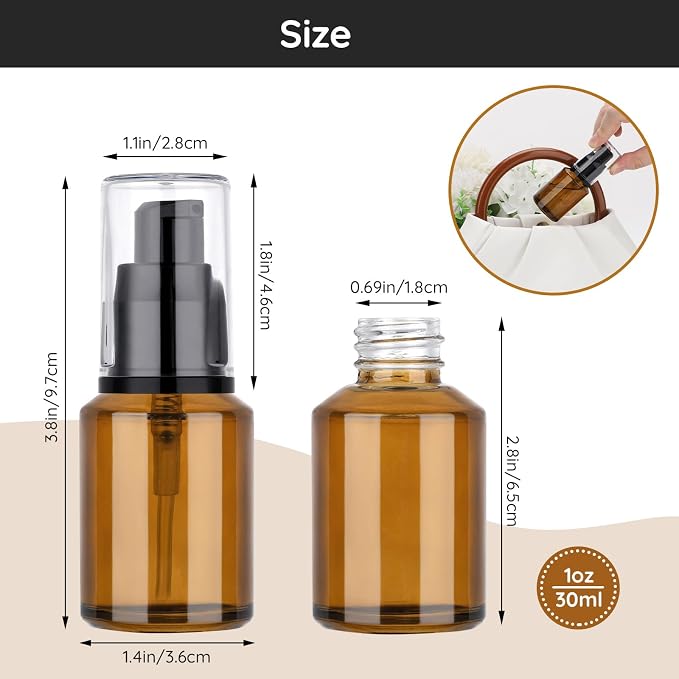 Segbeauty 1oz Refillable Lotion Bottle with Pump, Pack of 5 Frosted Travel Glass Bottles Creams Lotion Containers Foundation Bottle for Travel Size, 30ml Makeup Pump Dispenser for Toiletries Amber - Image 3