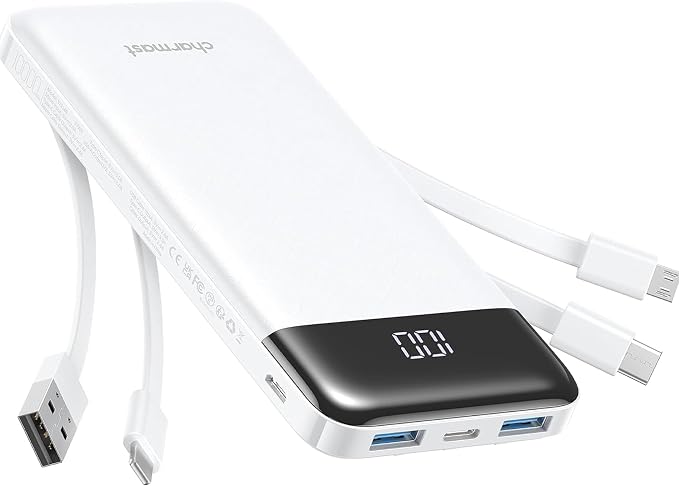 charmast Power Bank Portable Charger with Reinforced Built-in 4 Cables | 3A Fast Charging,10000mAh,6 Outputs 3 Inputs,Travel Essentials,TSA Compliant,LED Display,compatible with iPhone Samsung Moto by charmast