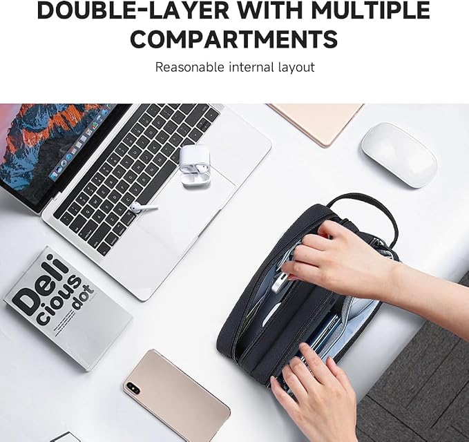 Teskyer Double Layer Cable Organizer Bag, Travel Tech Pouch, Black | Elastic Bands Organization, Water Resistant Fabric, Multiple Compartments, Padded Protection, Travel and Office Use - Image 8