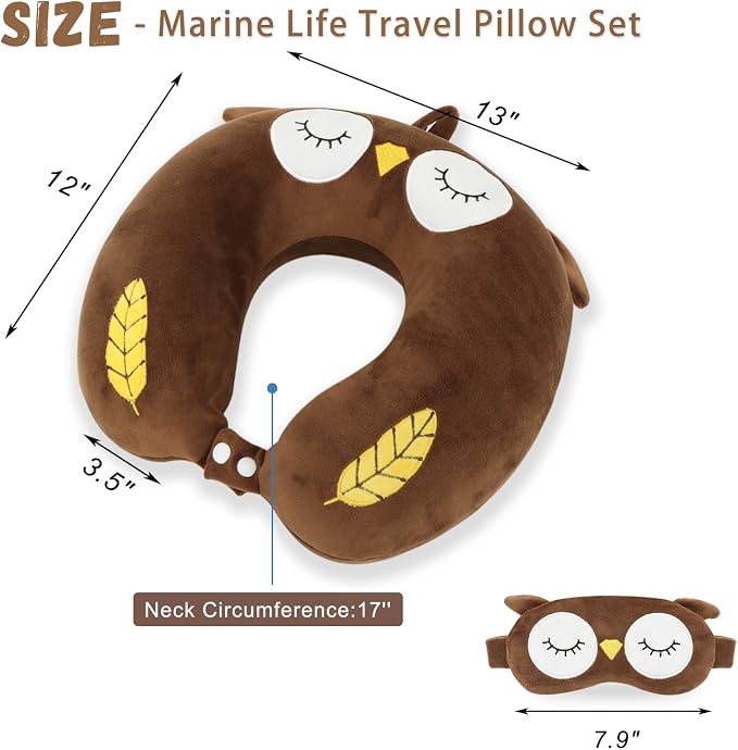 Travel Pillow, Kids Travel Pillow with Sleep Eye Mask Soft Memory Foam Kids Neck Pillow for Boys & Girls, Travel Accessories for Car Airplane Traveling - Owl - Image 2