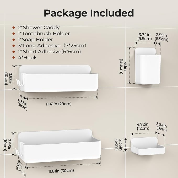 Orimade Shower Caddy 4-Pack, No-Drill Adhesive Shelves for Bathroom, Rustproof ABS Storage Organizer Set, White - Image 7