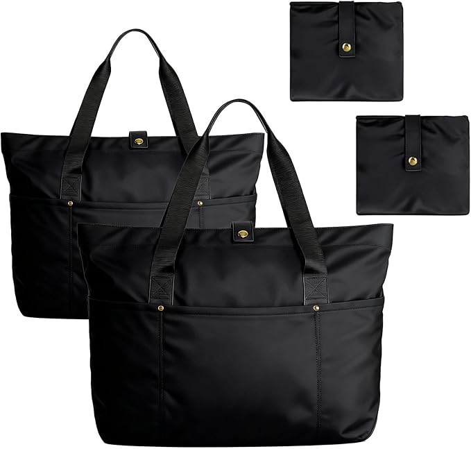 Dimore 2 Pack Foldable Tote Bags for Women, Black Large Capacity Travel Shoulder Bag Set Lightweight Waterproof Work Gym Shopping Handbags with Pockets by Dimore