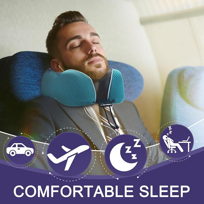 napfun Neck Pillow for Travel with Travel Pouch, Sleep Mask & Earplugs, Memory Foam Airplane Pillow for Headrest Sleep with Eyeshades, Plane Essentials with Eye Blindfold, Teal Striped Kit - Image 2