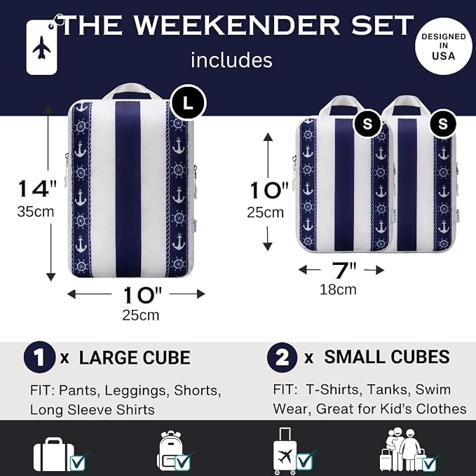 Space Saving Compression Packing Cubes for Kids & Women, Organizer Bags for Kids & Adults, Diaper Bag Organizer Set, Packing Cubes for Travel 3pc Set - Cabana Stripe Navy - Image 3